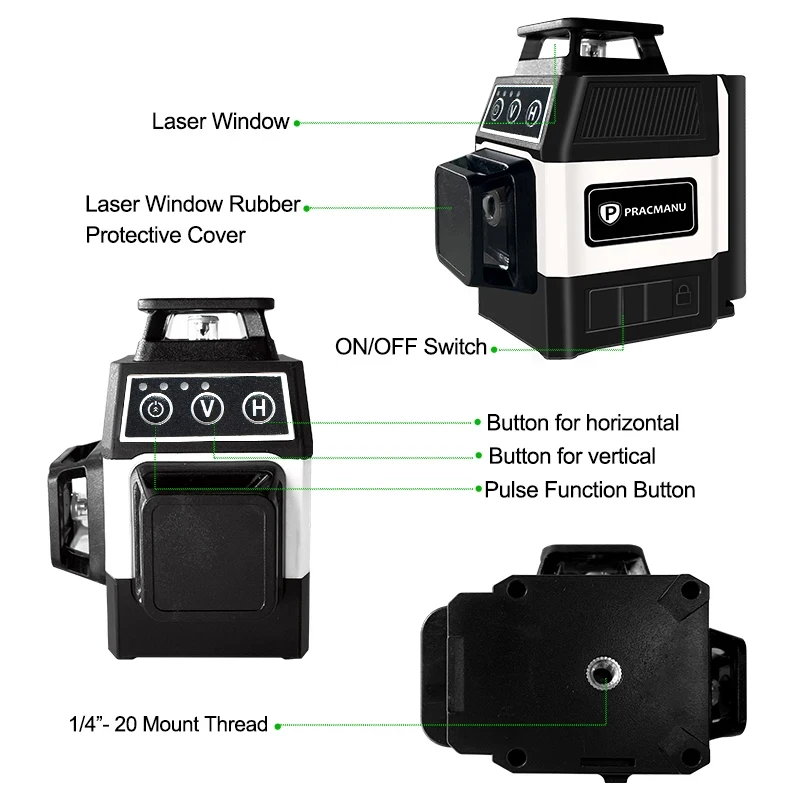 Pracmanu-Mini Nível Laser 3D, 12 Linhas, 360 Linha Transversal Auto-Nivelante, Horizontal e Vertical, Raio Verde Super Poderoso