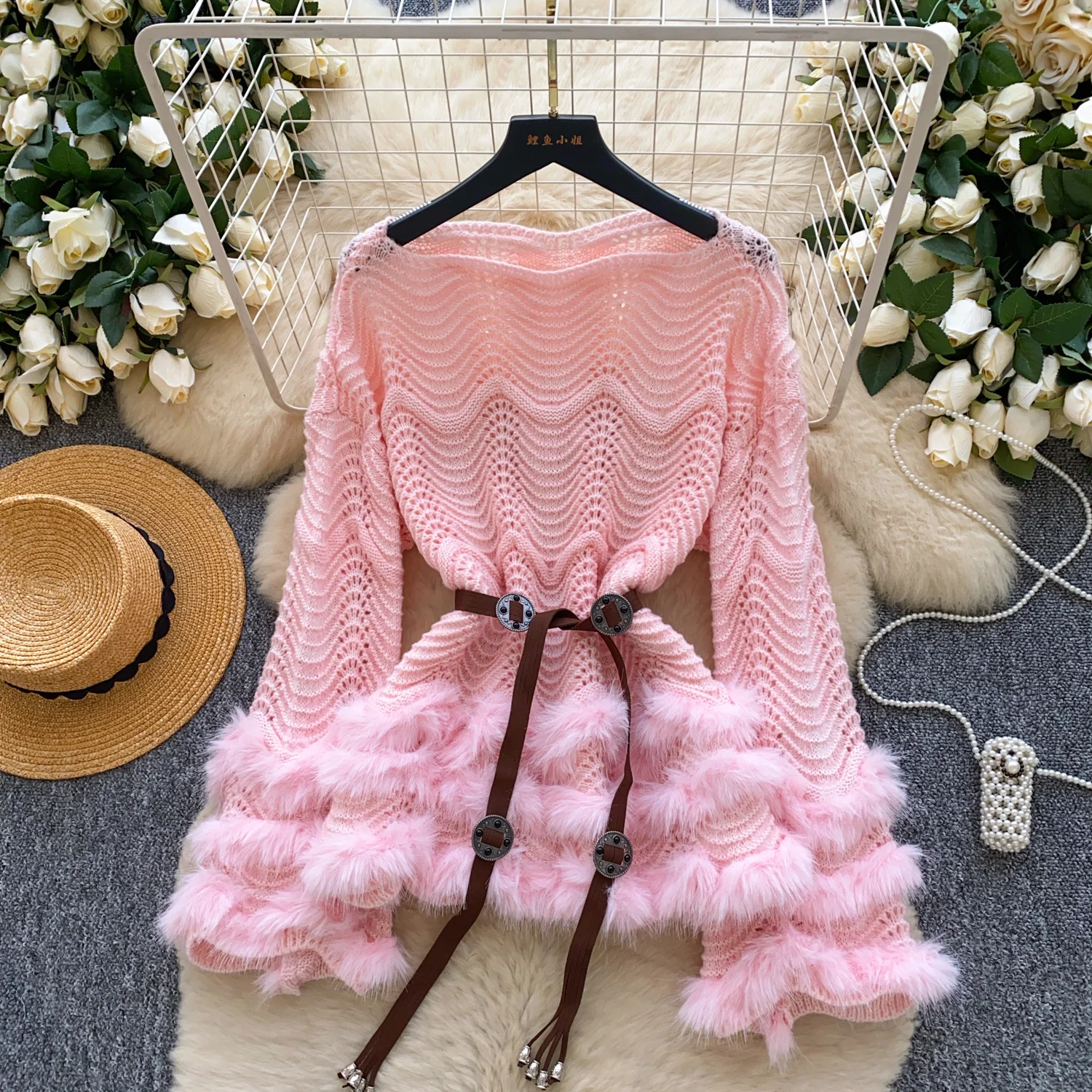 

ALPHALMODA 2025, меховая строчка, полые, с длинным рукавом, вязаный топ, для женщин, модные, с поясом, облегающие талию, женский милый свитер