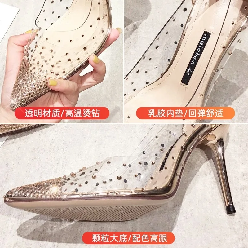 New Luxury Fairy Style Transparent High Heels Thin Heels Pointed Water Diamond Single Shoes Women's Crystal Wedding Shoes