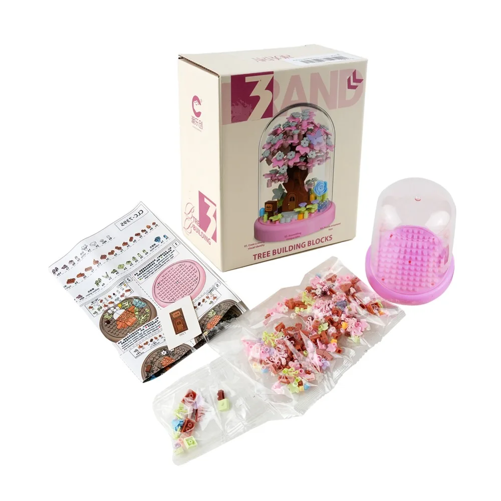 Sakura Blossom Tree House Building Set 305pcs Micro Particle Flower Pot Plant with Display Case DIY Xmas Home Decor Gift