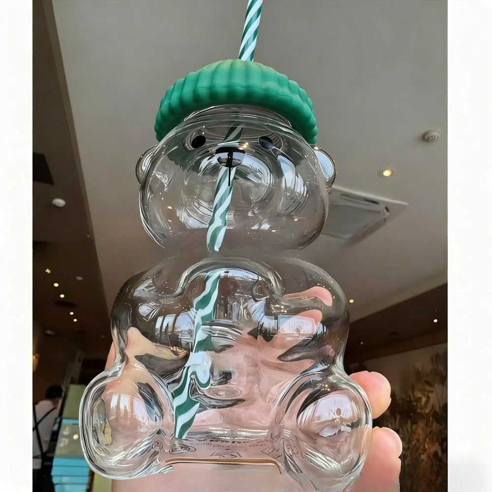

New bear glass water cup, cartoon cute straw cup, fashionable and simple