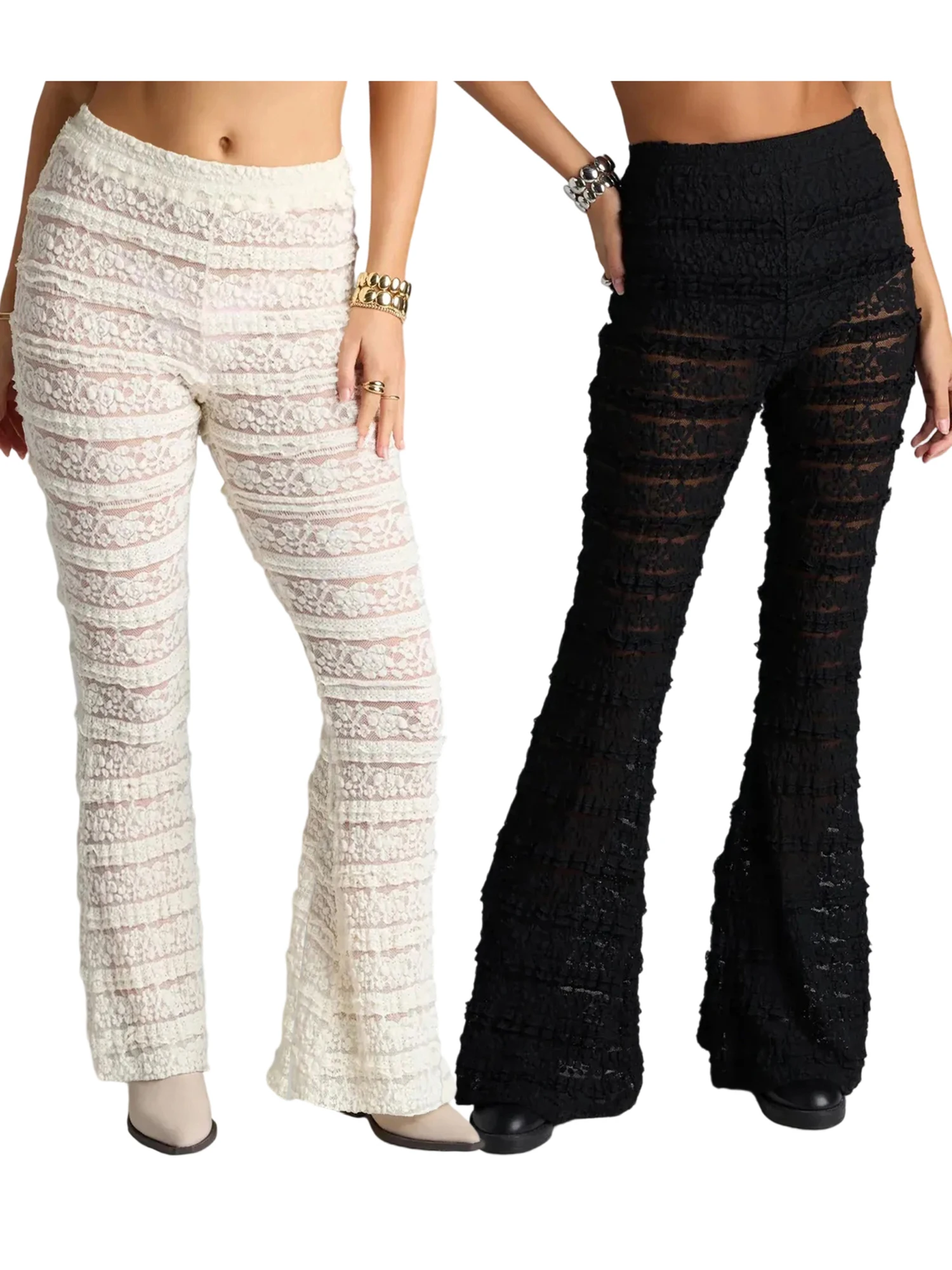 Pantalon élégant en dentelle pour femmes, taille haute, jambes larges, avec broderie florale délicate et détails transparents pour un Look Chic