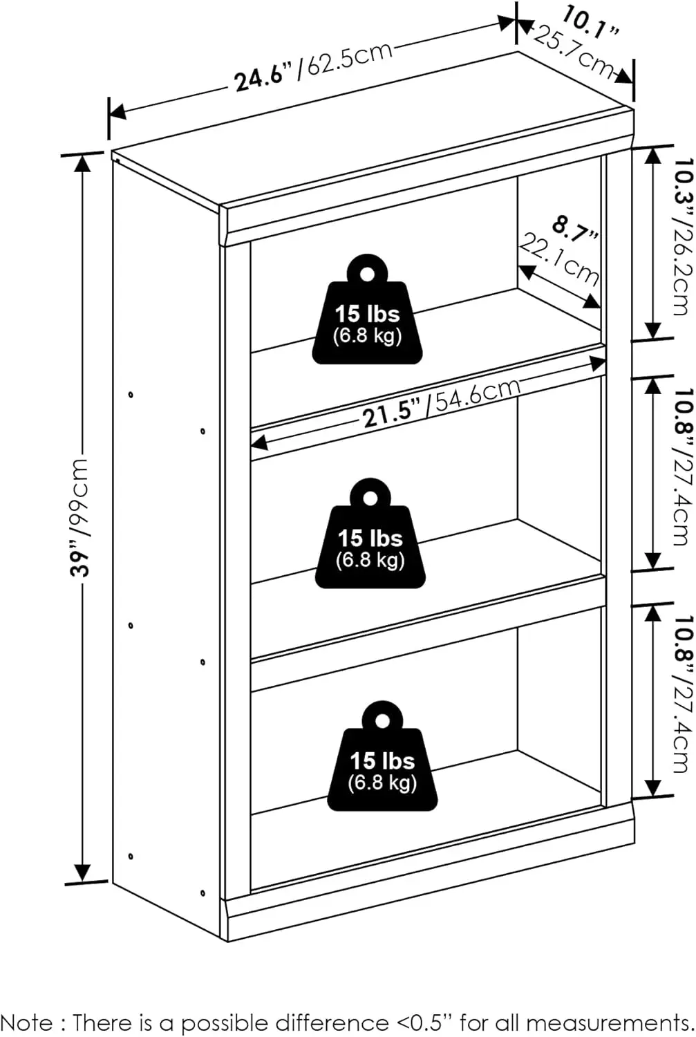 3-Tier Open Shelf Bookcase with Classic Style Edges, White