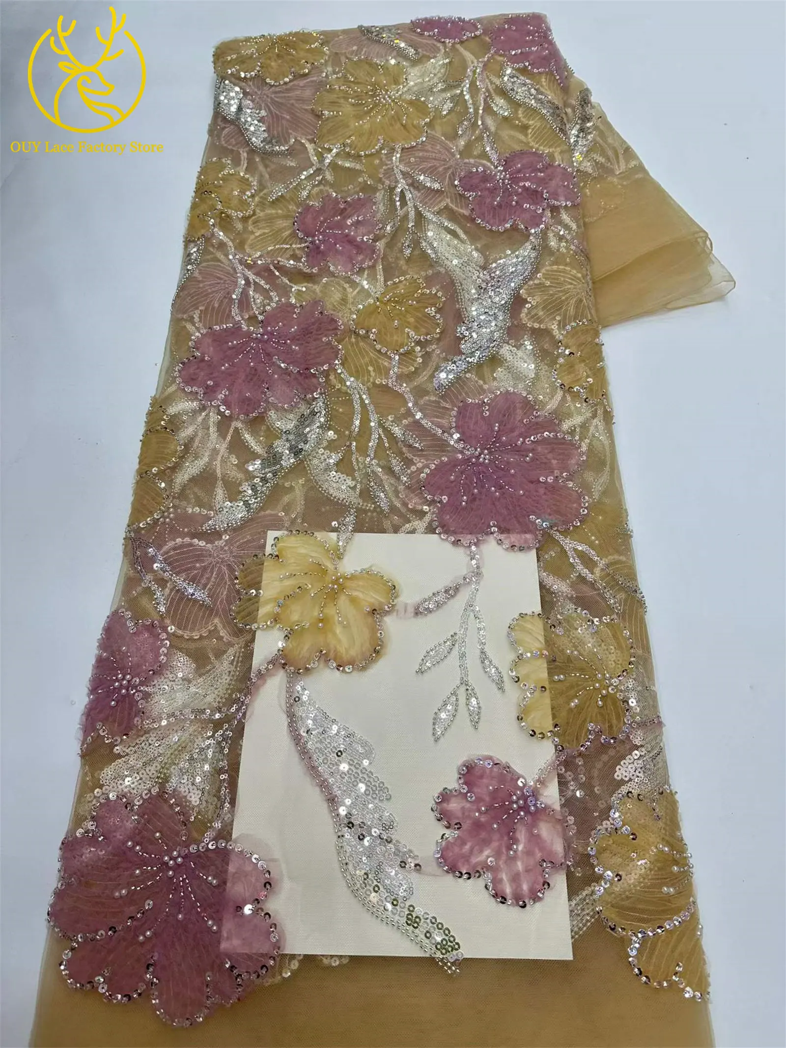 5 Yards Modischer Nigerianischer Pailletten-Tüll-Spitzenstoff 2026 Afrikanischer Perlen-Spitzenstoff Französische Spitze für Hochzeitskleider und Partykleider zum Nähen – Detail 15