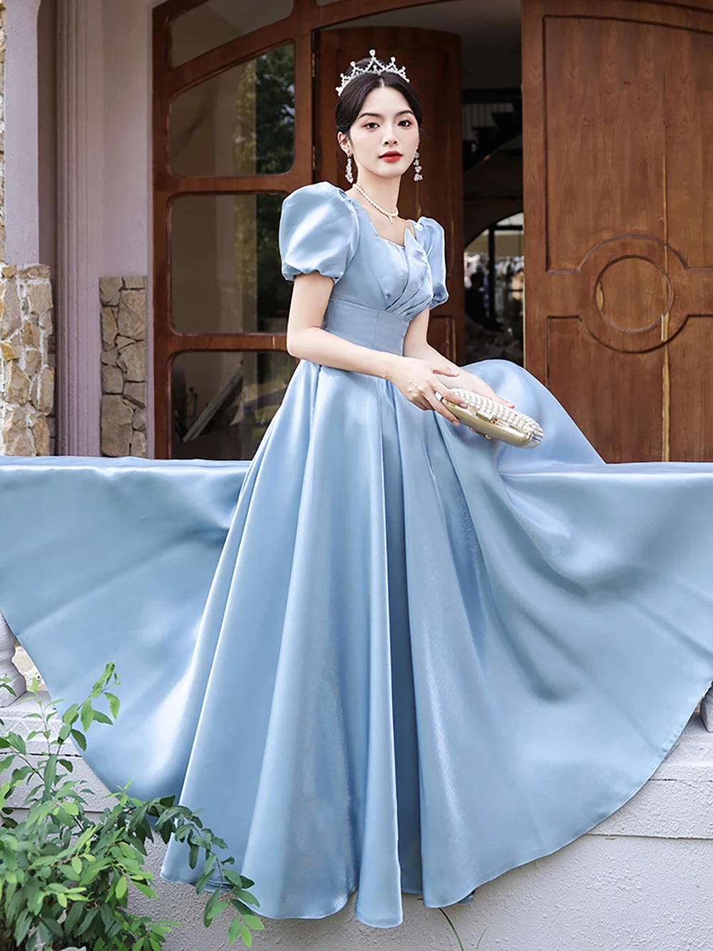 Luxury Blue Satin Princess Dress Women Elegant Square Collar Satin Pearlized Long Evening Dresses Quinceanera Stage Prom Gown