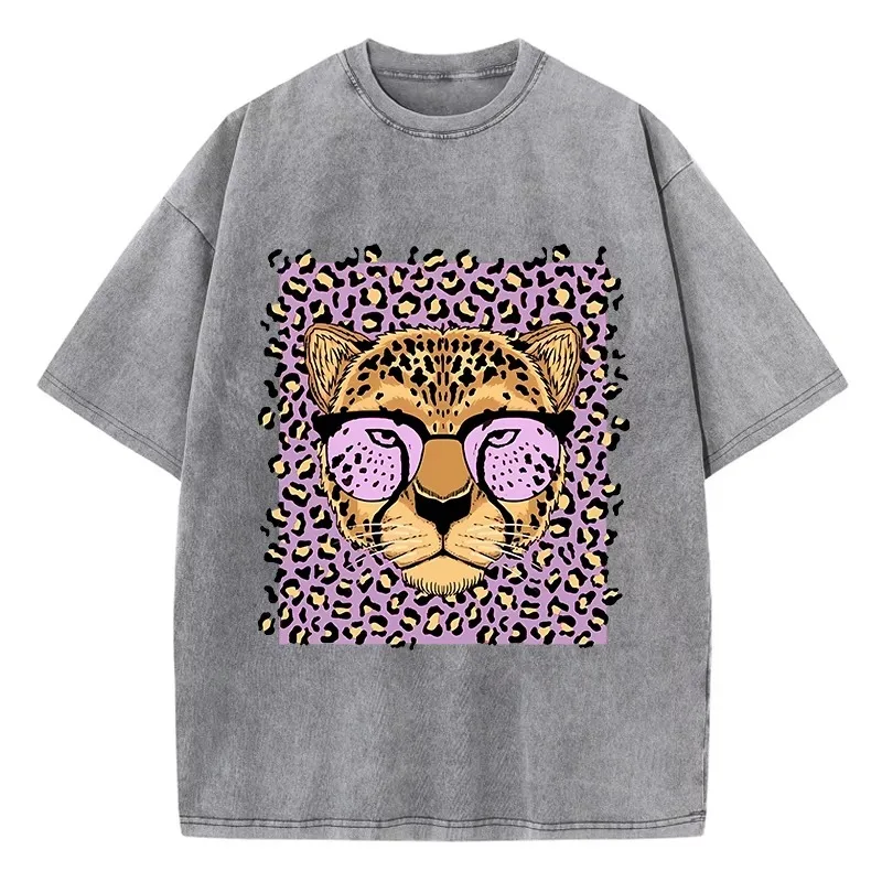 

Retro washed T-shirt leopard print cartoon print crew neck cotton fashion women's clothing personalized trendy style