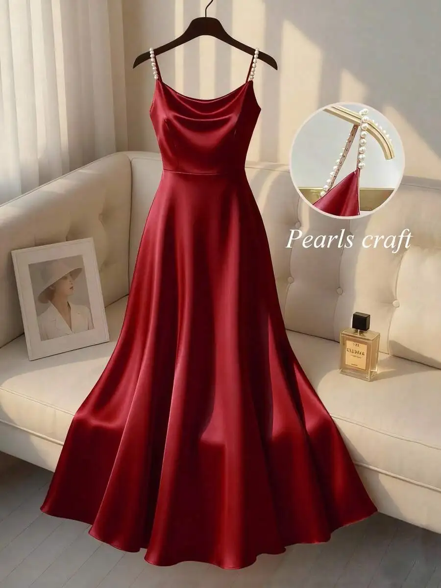 

Deep Red Satin A-Line Slip Dress With Pearl-Decorated Spaghetti Straps, Elegant For Evening, Wedding, Or Formal Events
