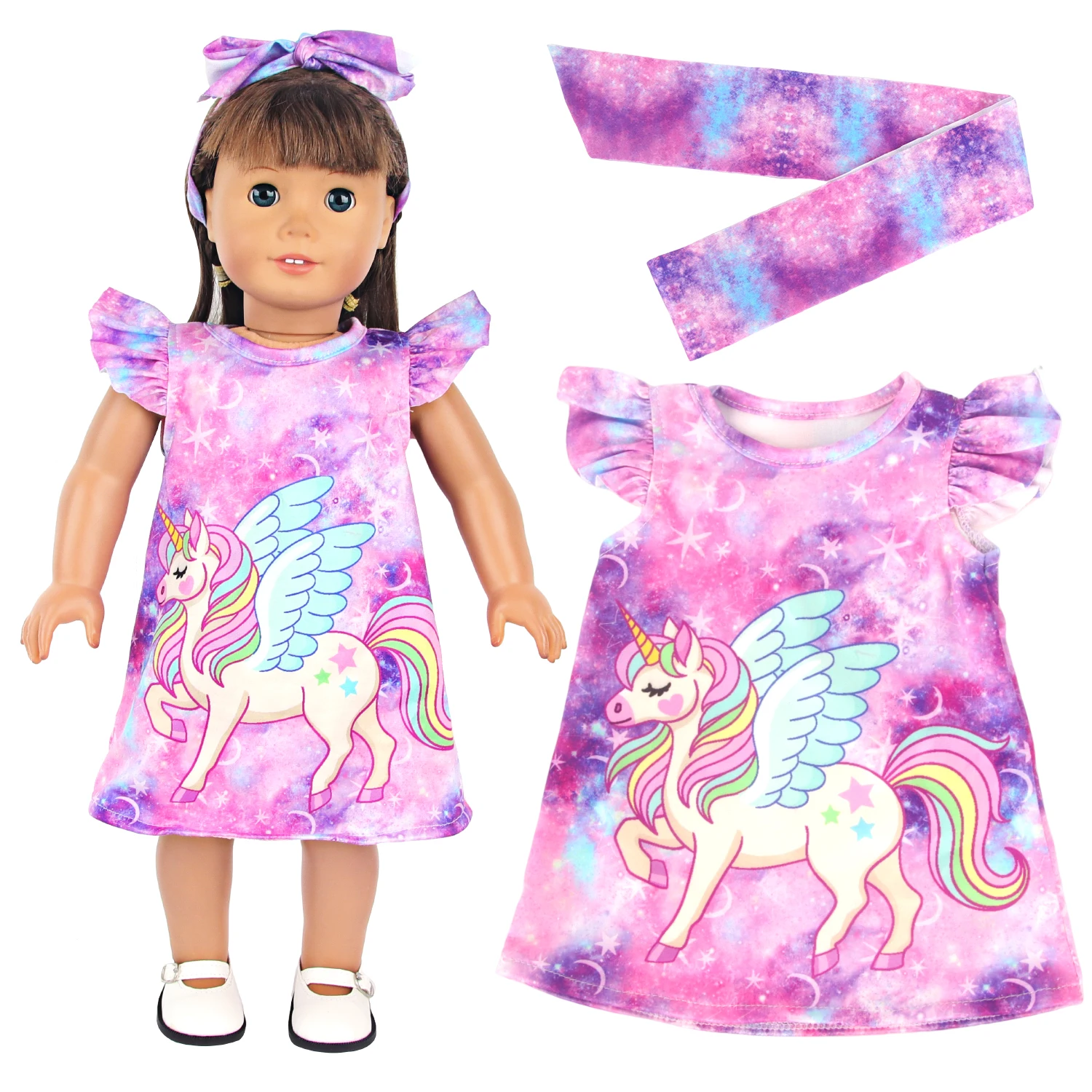 Adorável Unicórnio Boneca Acessórios, Camisola, Mini Bow Vestido e Hairband para Renascer Bebê, American Doll Toy, 18 ", 43cm
