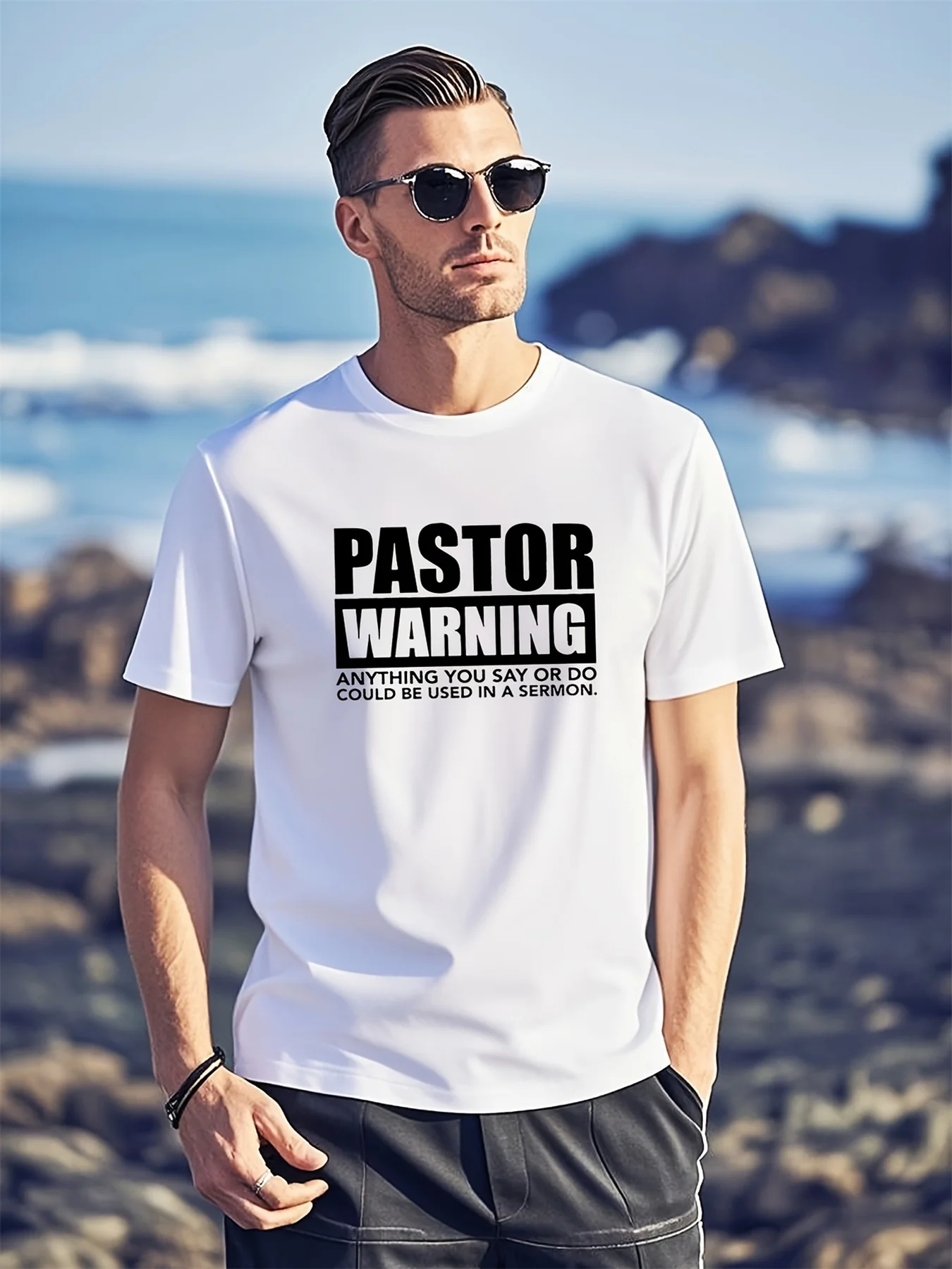 

Men's Summer 100% Cotton Fashionable Casual Loose Sports Pastor Warning Letter Printed Round Neck Short Sleeve T-shirt Top