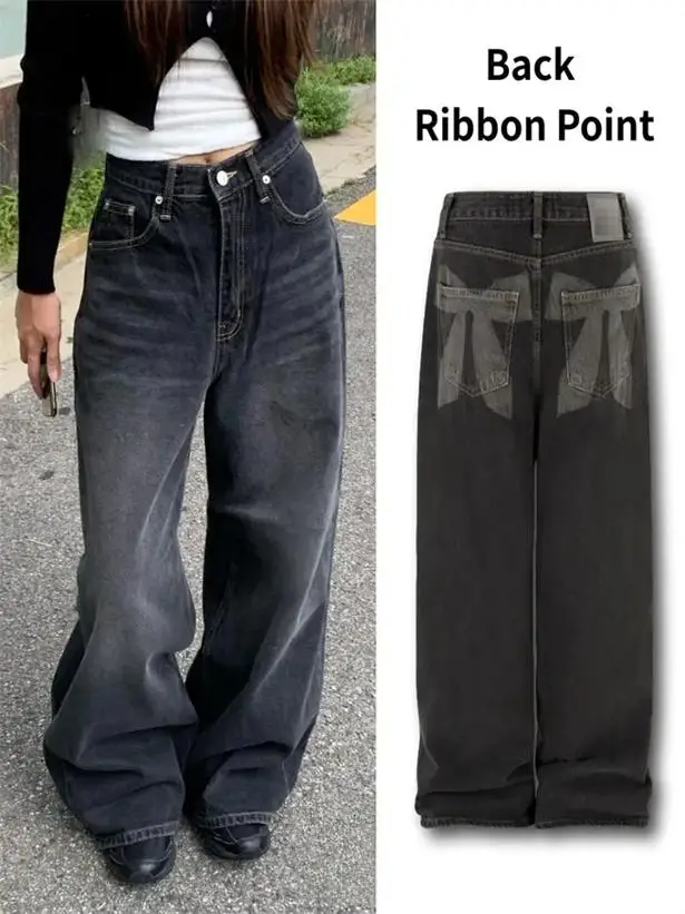 

High Waist Straight Leg Loose Jeans Korean Style Knot Pocket Versatile Casual High Waist Long Pants for Women