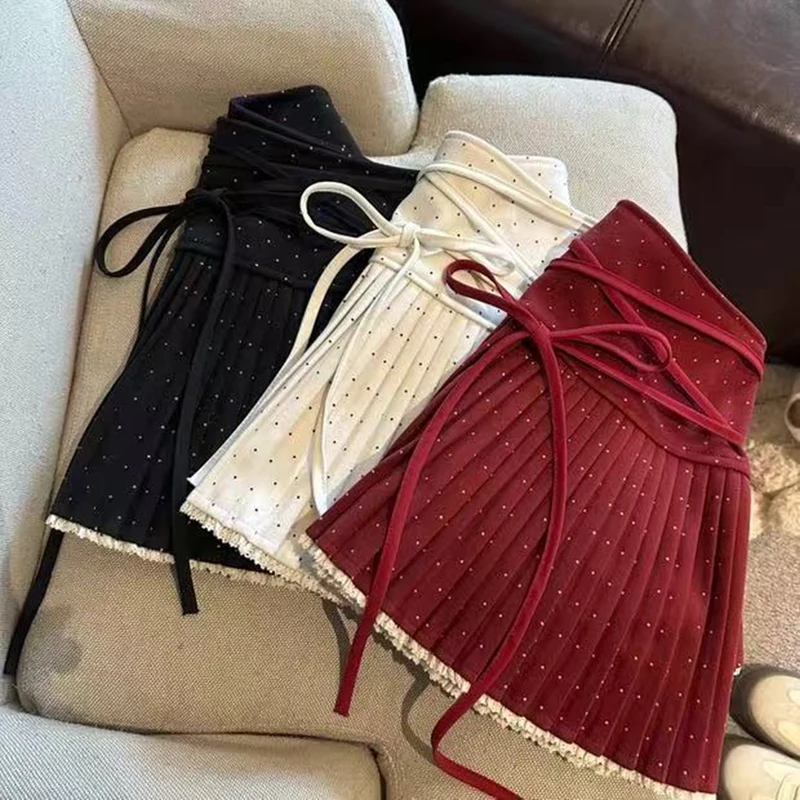 Faux Wool Polka Dot Pleated Skirt Women Spring High Waist Cross Straps Preppy Mini Skirt Y2K Sweet Folds All Match A Line Skirt