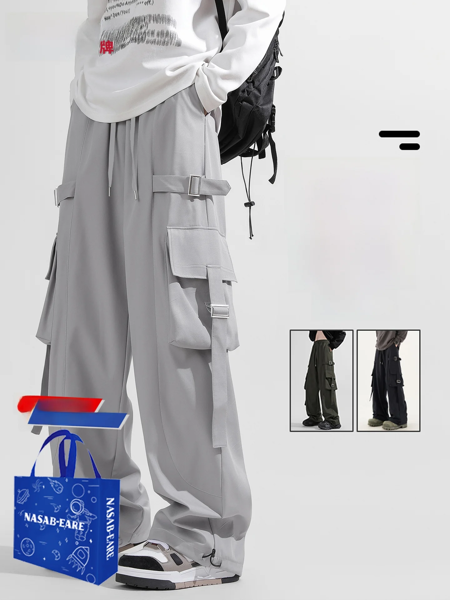 

Loose Straight Leg Work Trousers for Men Summer American High Street Casual Long Pants Paratrooper Trousers with Big kets