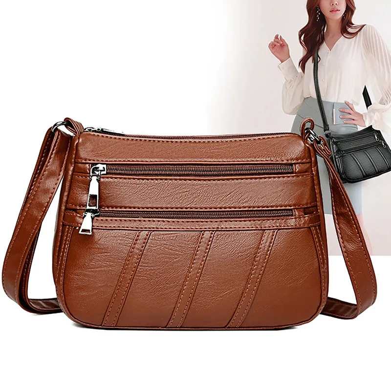 Fashion Ladies Shoulder Bag PU Leather Simple Solid Color Messenger Bag Multi Pocket Wallet Handbag