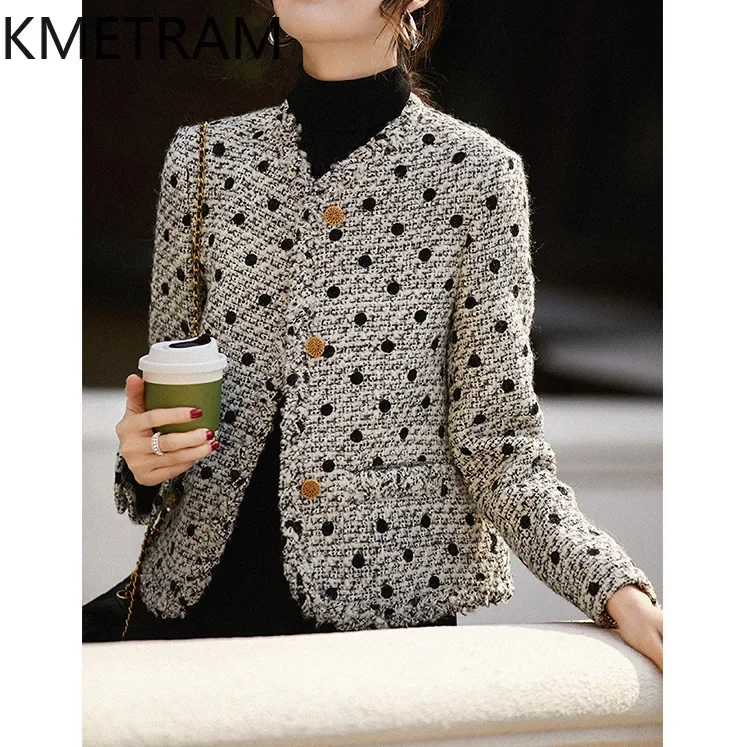 KMETRAM Real Wool Tweed Jackets Fashion New in Outerwear Elegant Polka Dot Jacket Fall Clothes Women 2024 Chaquetas Para Mujer