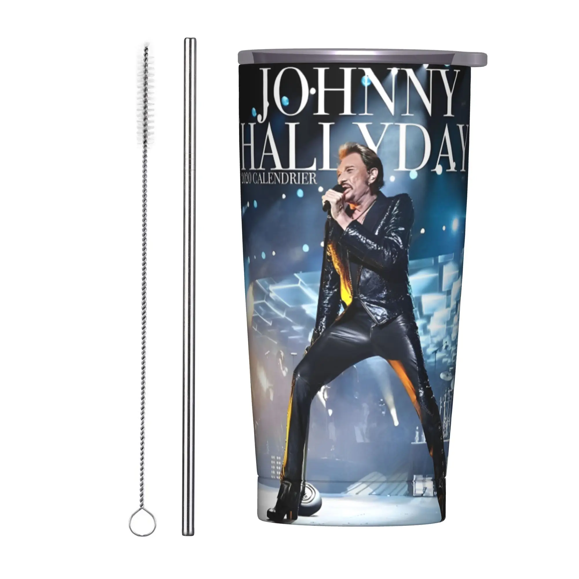 Johnny Hallyday Insulated Tumbler with Straws Lid French Singer Stainless Steel Coffee Mugs Double Wall Car Bottle Cups, 20oz