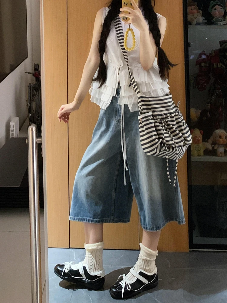 

Retro American Washed Blue Women's Denim Shorts Summer New Loose Lazy Straight Leg Wide Leg Mid-Length Shorts