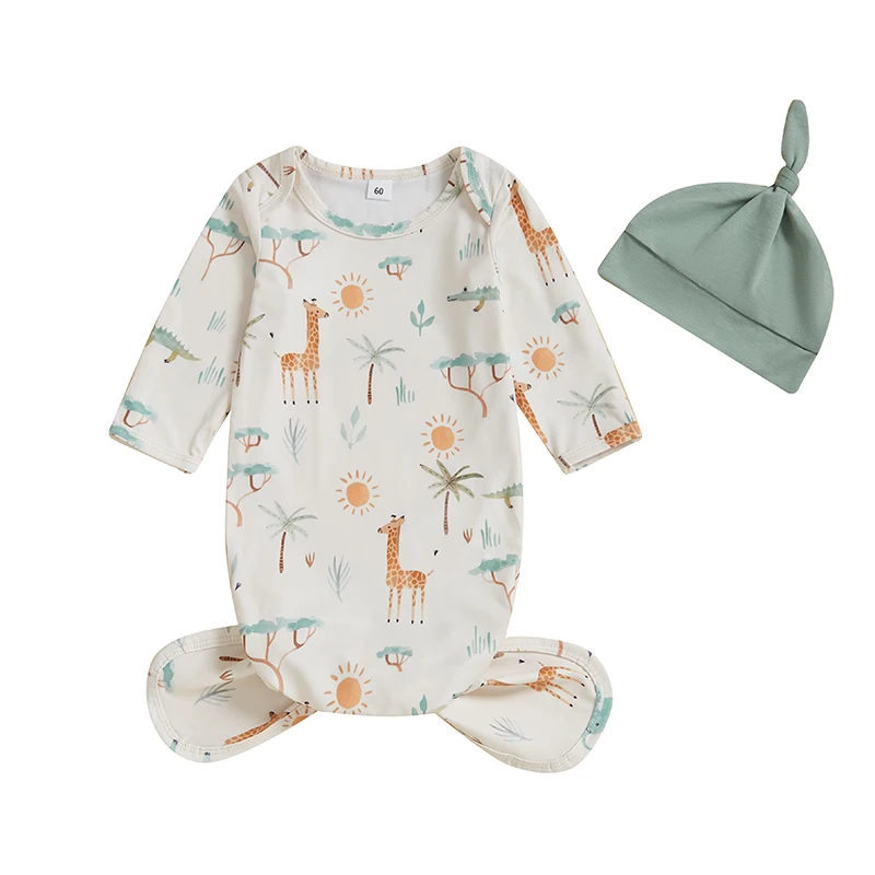 ถุงนอนเด็กทารกสัตว์พิมพ์แขนยาวถุงนอนพร้อมหมวกผูกปมชุด 2 ชิ้น