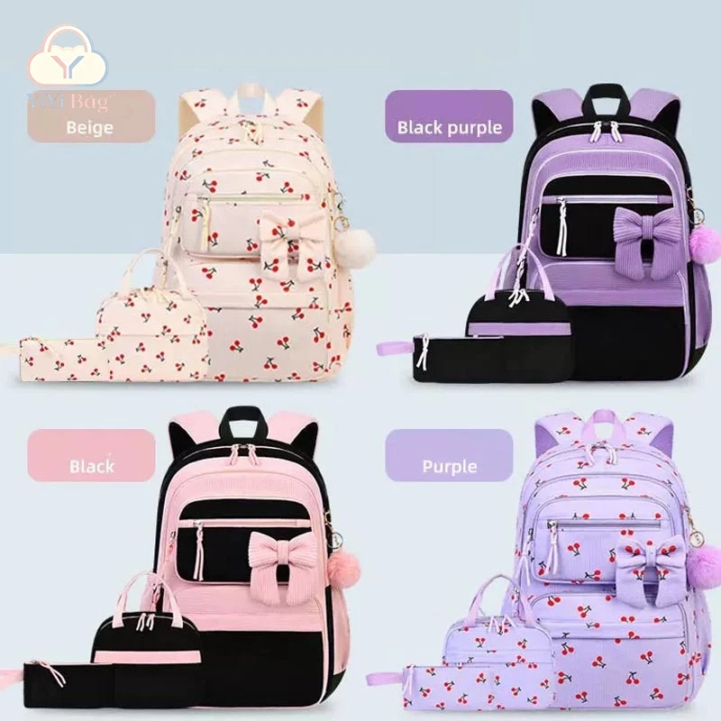 スクールバッグ-ランチボックスとペンケース付き3点セット-リボン付き-かわいい-男の子-女の子-ティーンエイジャー向け-高品質スクールバッグ
