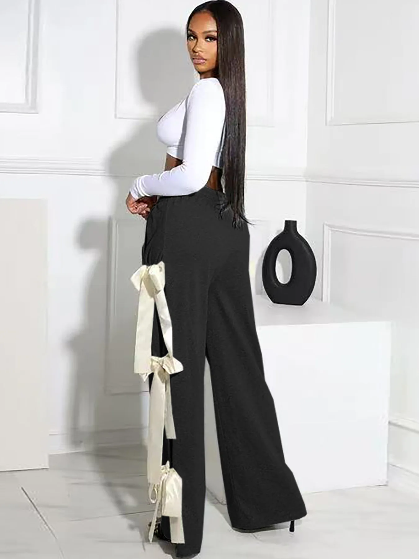 Women Trouser Spring Summer Fashion Solid Color Binding Bows Wide Leg Pants Lady Casual Loose High Waist Sports Straight Trouser