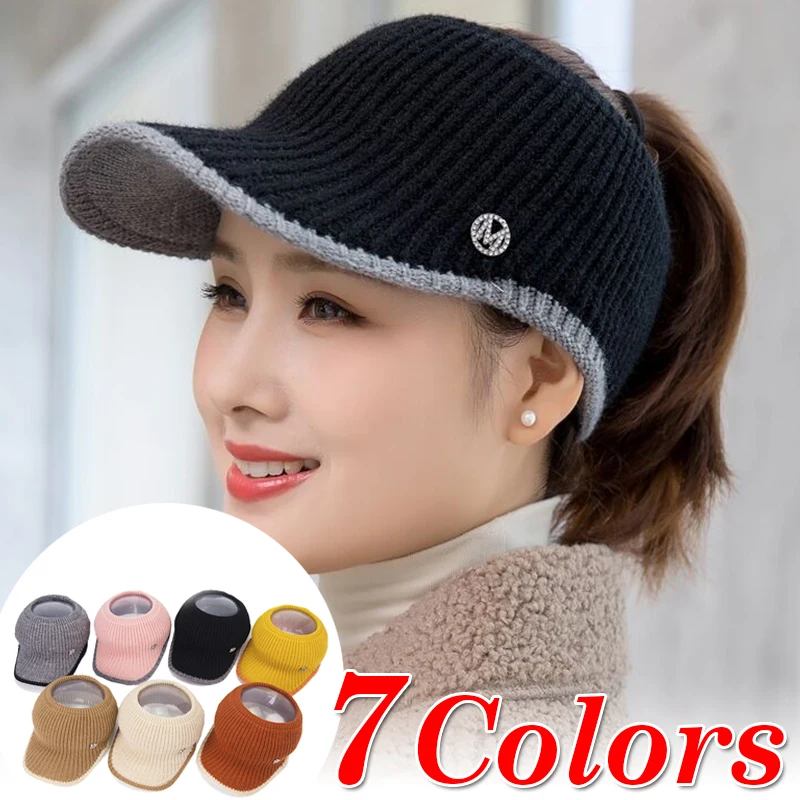 2023 Spring Women\'s Knitted Baseball Caps Outdoor Sunscreen Empty Tops Caps Sun Hats Warm Casual Visor Cap Female Ponytail Hat