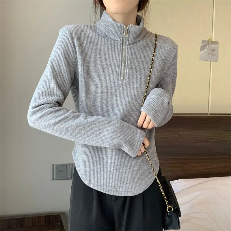 Spring Autumn Half High Collar Pullovers Slim All-match Female Clothing Long Sleeve Commute Solid Color Fashion Zipper T-shirt