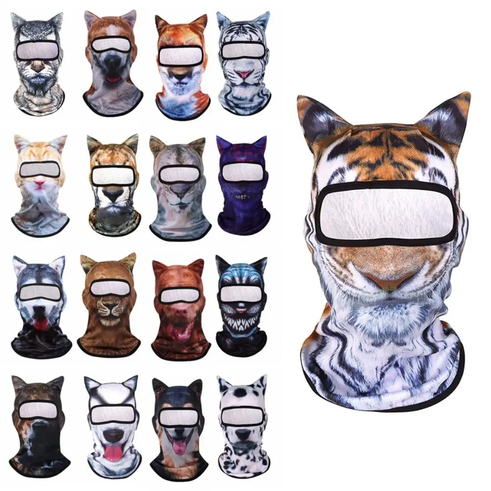 재미있는 3D 동물 얼굴 마스크 개/고양이 귀 프린트 폴리에스터 섬유 동물 귀 모자 부드러운 자외선 차단 풀 페이스 커버 하이킹용
