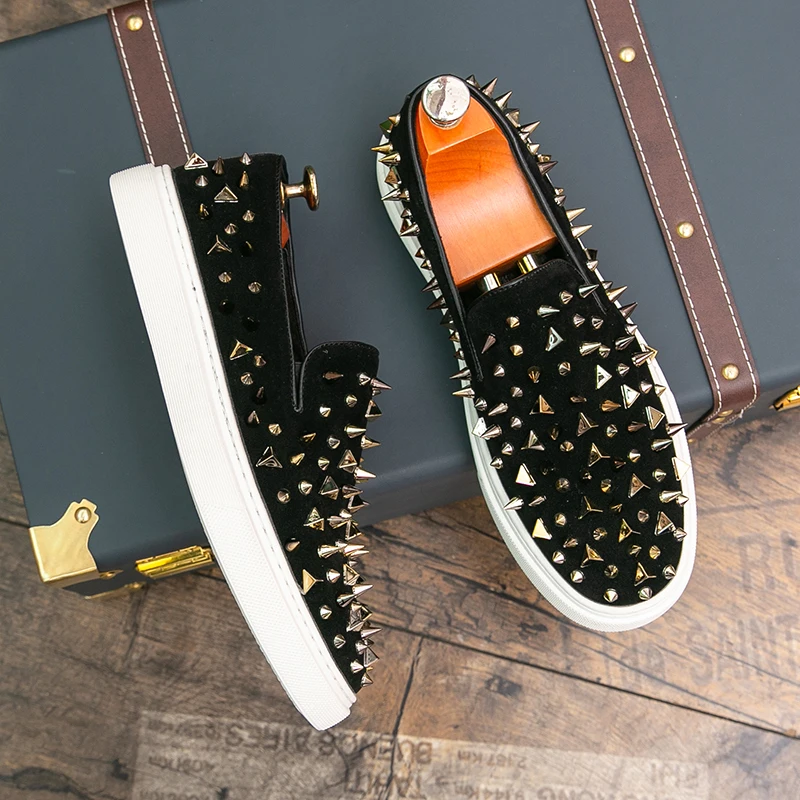 

Punk Round Toe Rhinestone Sequin Loafers for Men Casual Shoes Rivet Skateboard Shoe Trendy Flat Slip on Men's Shoes Zapatos