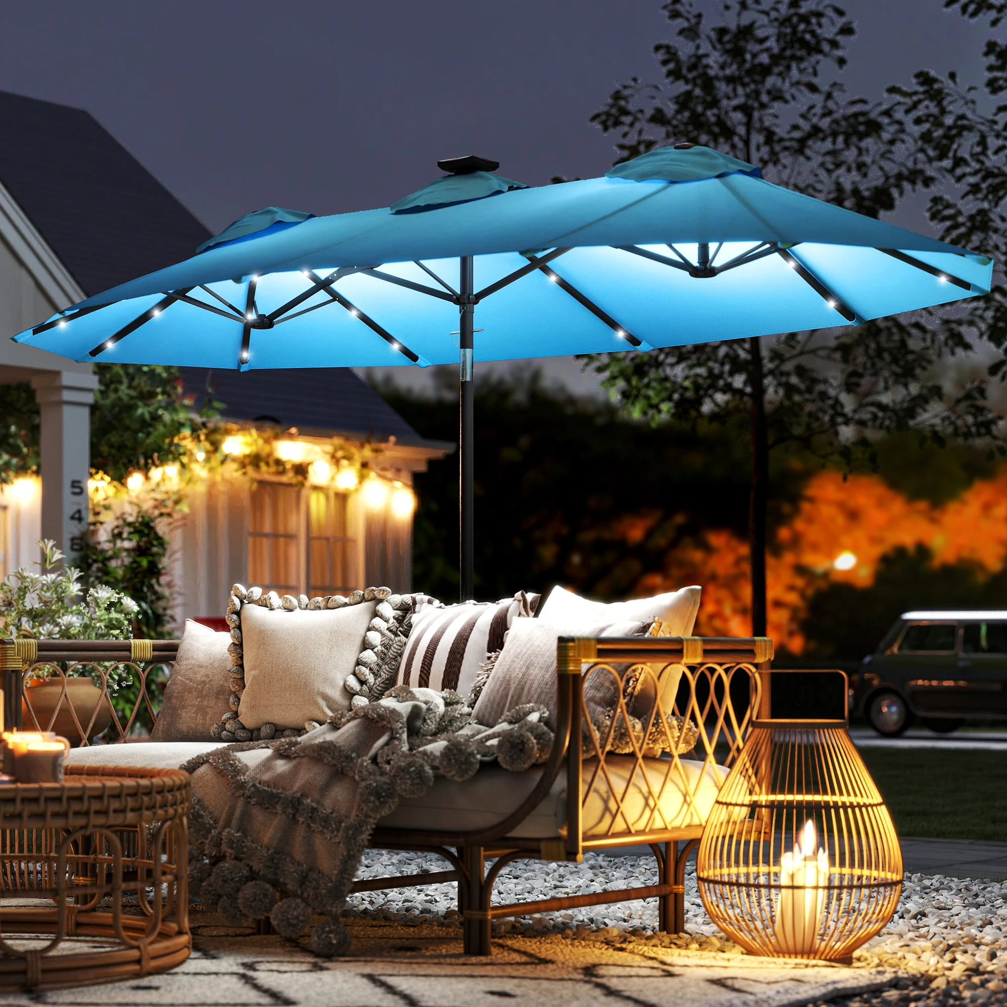 Double-sided Patio Umbrella, 9.7' Outdoor Umbrella with Tilt and Crank, LED Solar Light and 12 Ribs, Light Blue