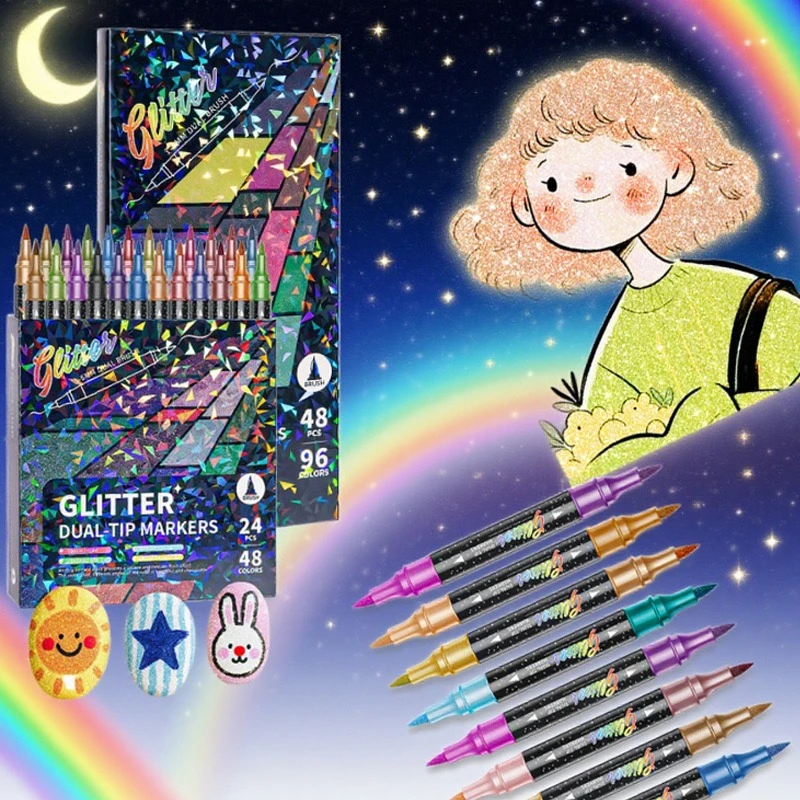 

12/24/36/48pcs Double-headed Two-color Flash Mark Pen Set Rich Color for Hand-painted Graffiti Greeting Card Handbook Production