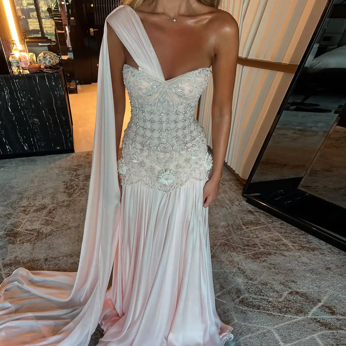 Aenyrst Customized Celebrity Evening Dresses Pink Sleevesless Prom Dresses High Neck Pleated Beadings Ankle Length Party Dresses image 2