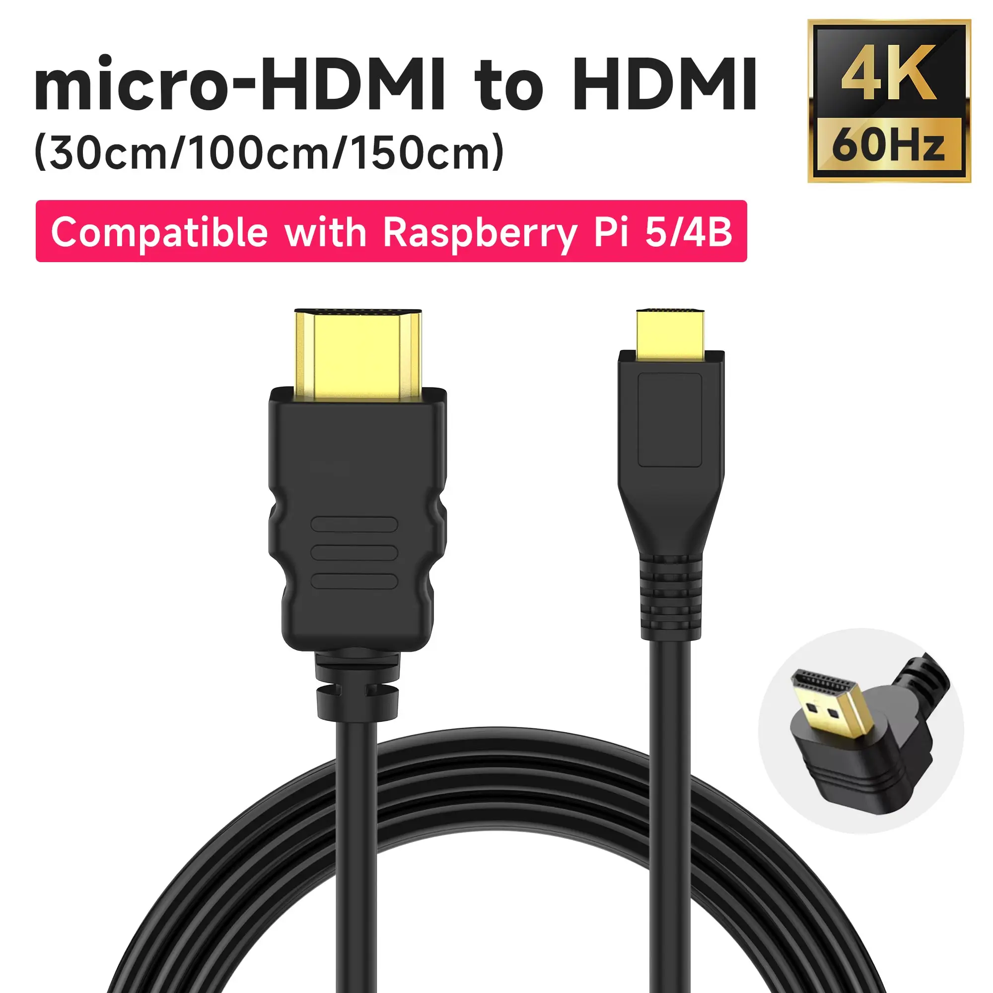 Raspberry Pi 5/4B Kabel Micro-HDMI do HDMI Adapter wyświetlacza 30CM 100CM 150CM Długość Opcjonalna obsługa Podwójne wideo HD 4K 1080P 240Hz