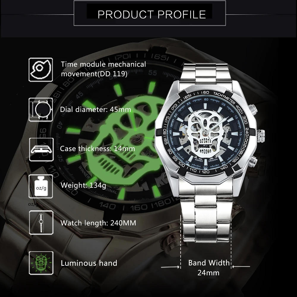 WINNER Sports Skeleton Mens Watch Fashion Skull Luminous Dial Silver Stainless Steel Strap Military Automatic Mechanical Watches