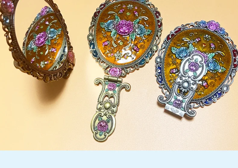 빈티지 손거울, 선물 상자 포함, 지갑용 접이식 화장 거울, 고화질 금속 소형 공주 거울