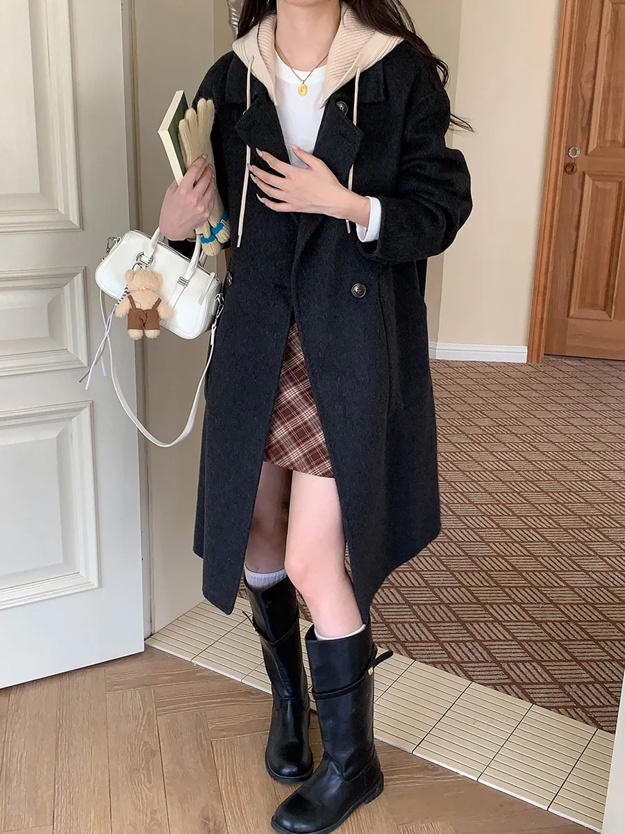 

Women's Casual Hooded Double-Sided Woolen Long Coat Loose Fit Winter 2025 New Style