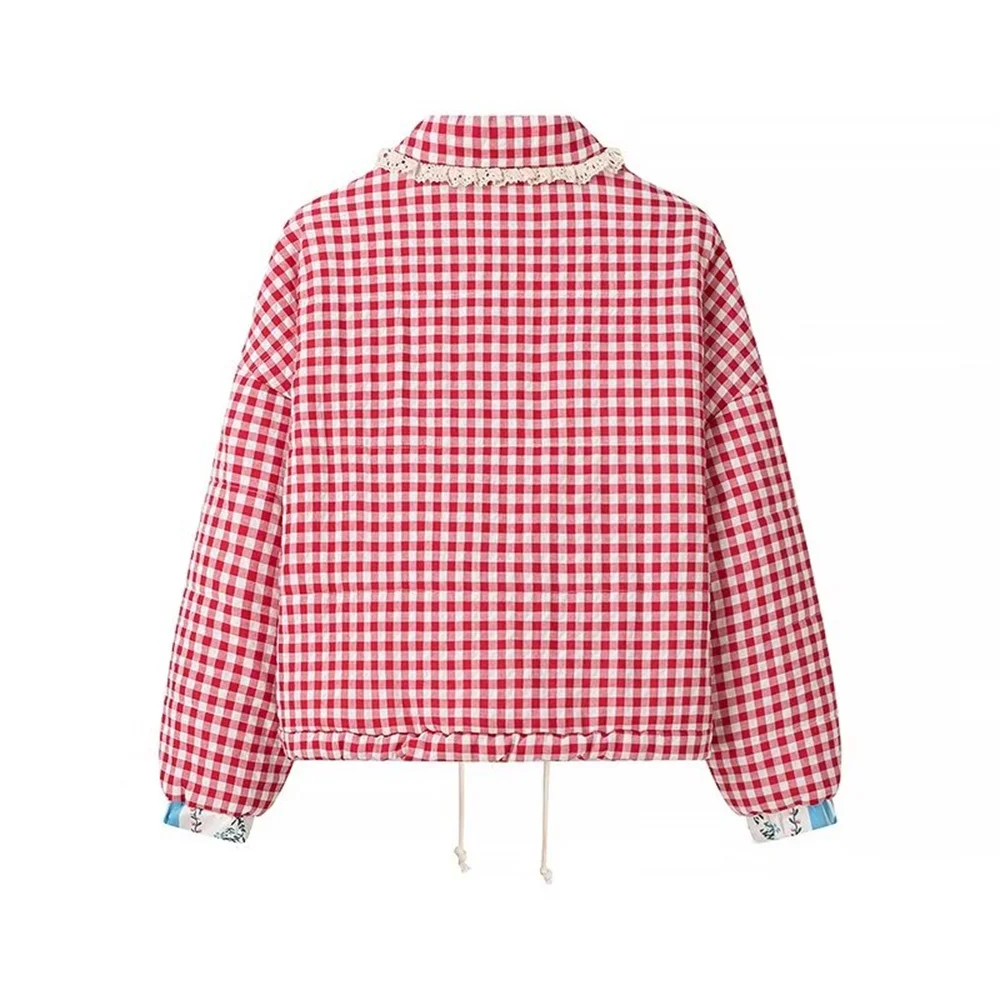 New autumn and winter fashion casual women\'s clothing temperament simple and versatile lace plaid cotton coat jacket