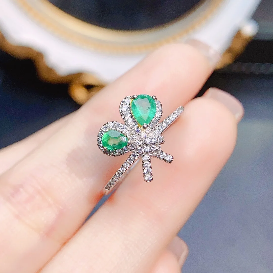 

FS S925 Sterling Silver Inlay Natural Emerald Adjustable Ring for Women With Certificate Fine Charm Wedding Jewelry MeiBaPJ