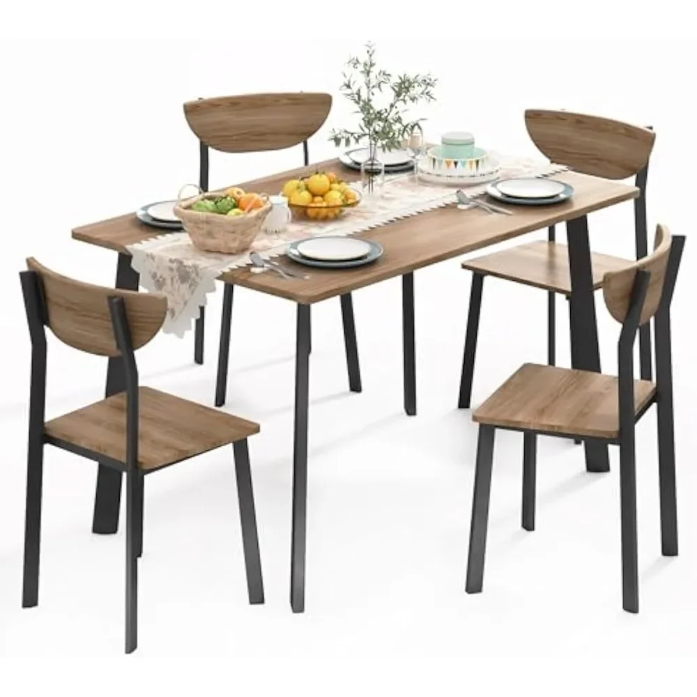 

Kitchen dining table for 4, modern rectangular 5 piece dining table chairs, brown wood metal dining table, family dinner