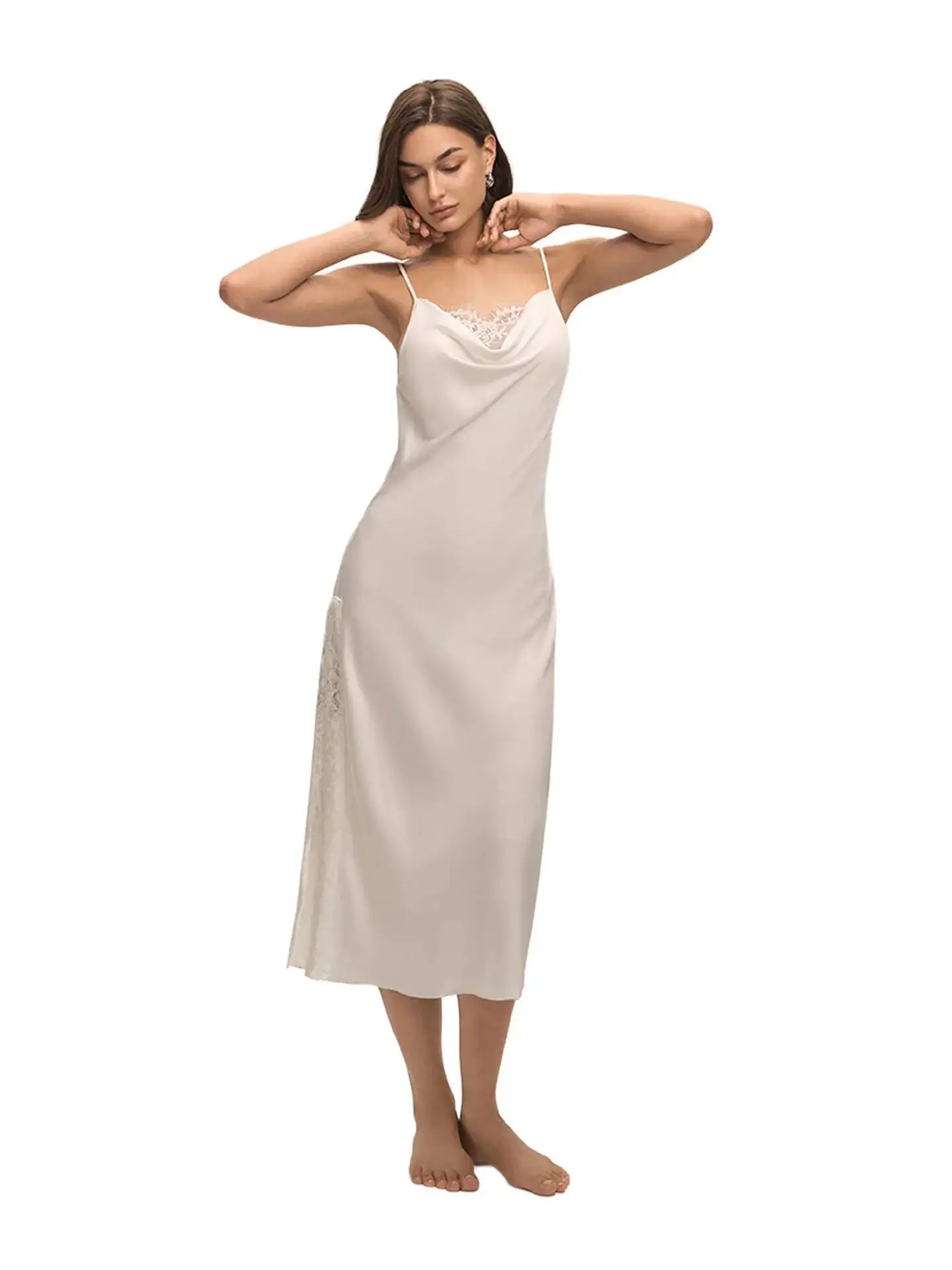 夏ネックサテンシフォンレーストリムセクシーなソリッドカラーストラップロングドレスラウンジウェア女性のための夏ディープ V ノースリーブドレス E9TR