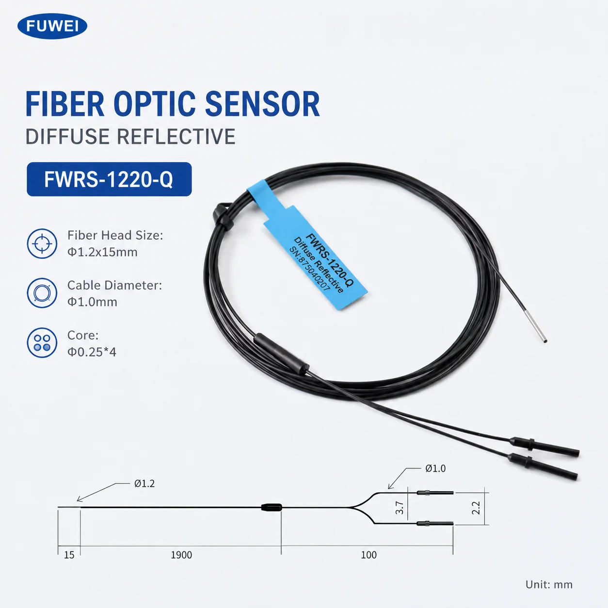 FUWEI FWRS-1220-Q Cylindrical Fiber Optic Probe Diffuse Reflection Toothless Design for Sensing