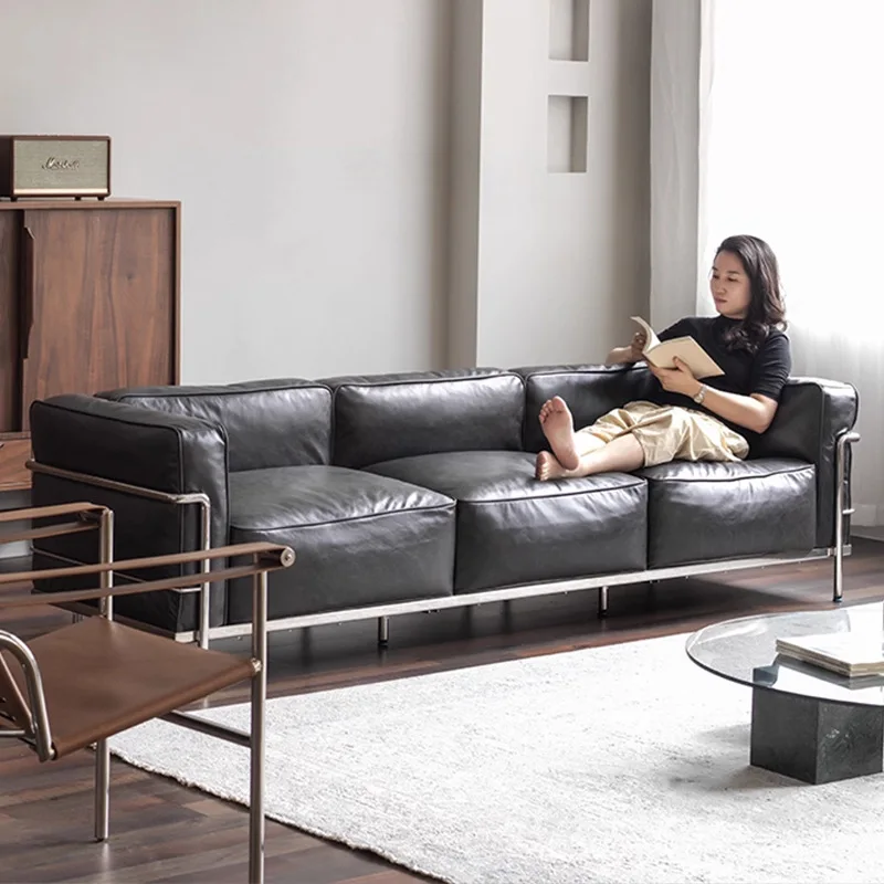 &Italian Minimalist Style Leather Sofa Set, Black Leather, Sponge Padding, Suitable for Living Room Use