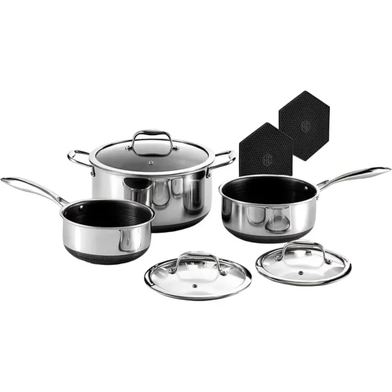 HexClad Hybrid Nonstick  Pot Set Quart Pots with Tempered Glass Lids,Compatible with All Cooktops  cookware