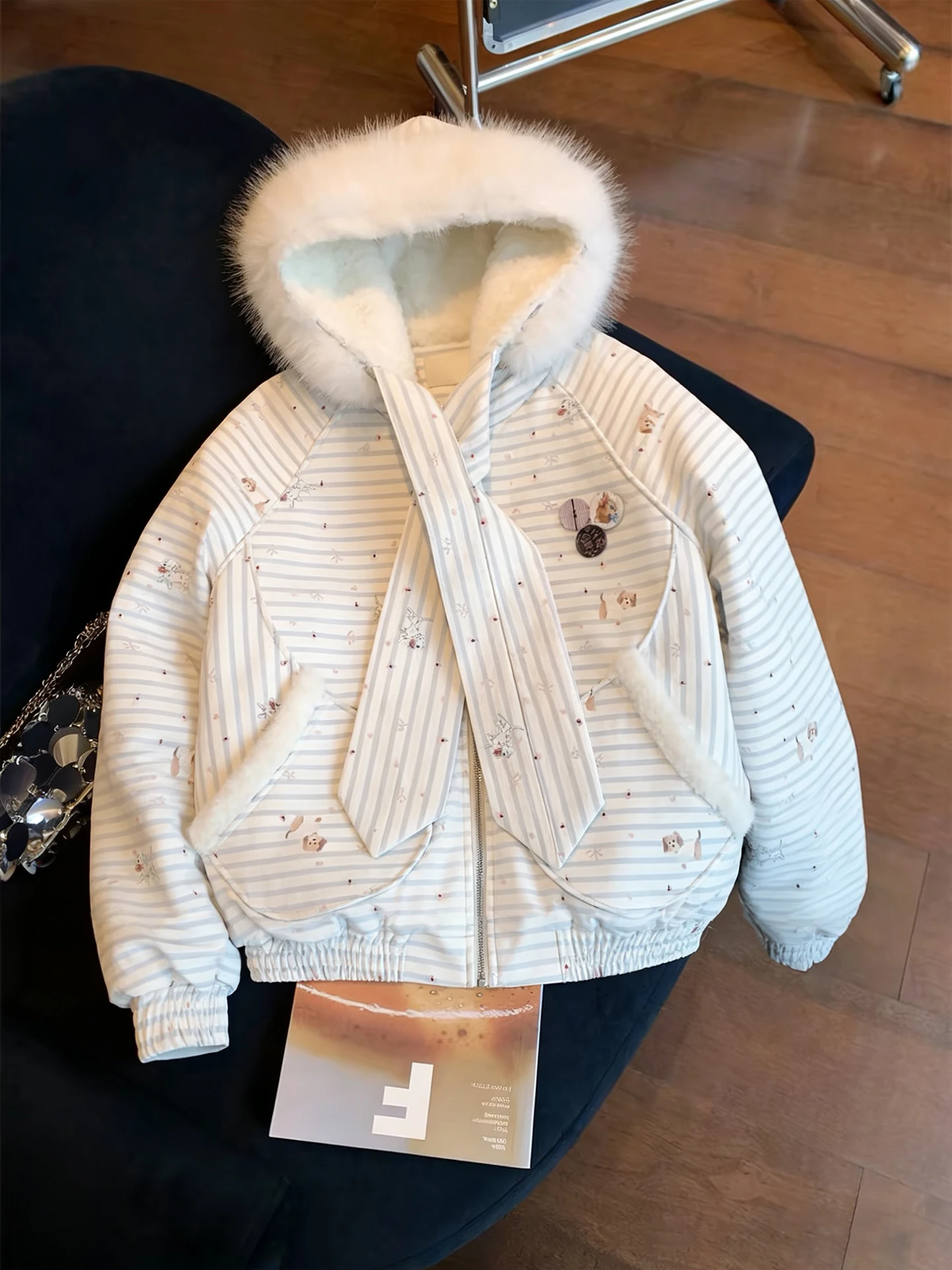 

Утепленная хлопковая куртка Sweet School Sle в полоску с капюшоном для женщин, осенне-зимнее свободное универсальное хлопковое пальто с меховым воротником