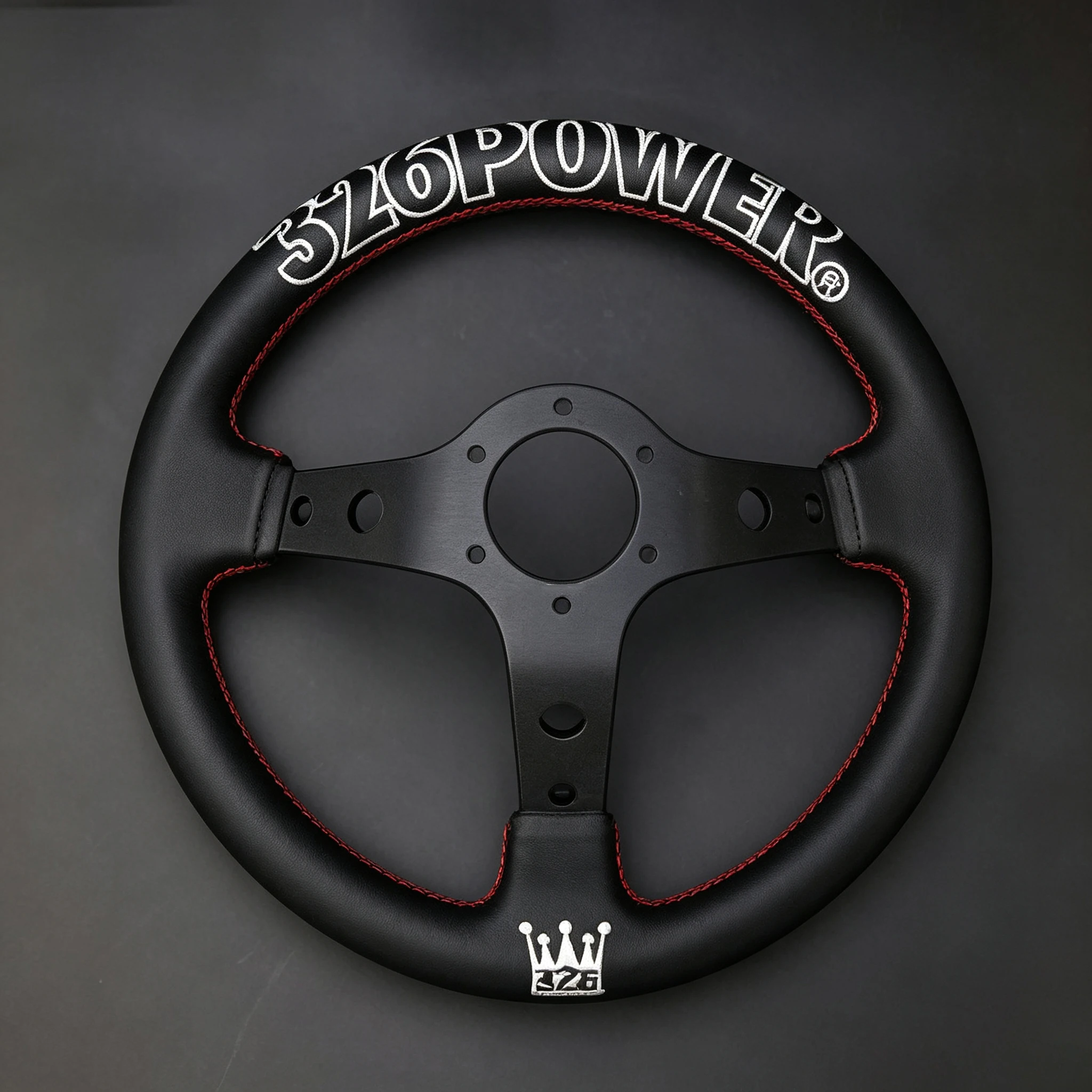 Universal JDM 326POWER 320mm Deep Dish Racing Steering Wheel Genuine Leather Red Stitch Crown Embroidery Horn Button 70mm PCD 3