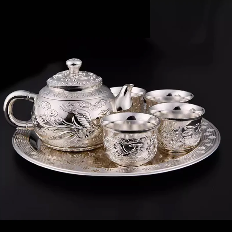 Pure Silver Fair Cup 999 Silver New Pak Fuk tea set 1 Pot 1 support 4 cups Chinese high-grade cooked silver home owner