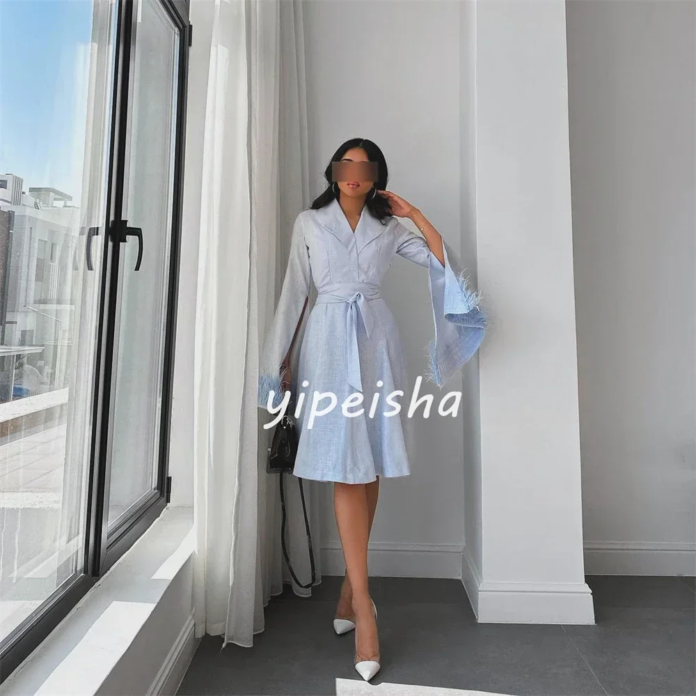 Customized Price AdjustmentJersey Feather Ruched Christmas A-line V-neck Bespoke Occasion Gown Midi Dresses