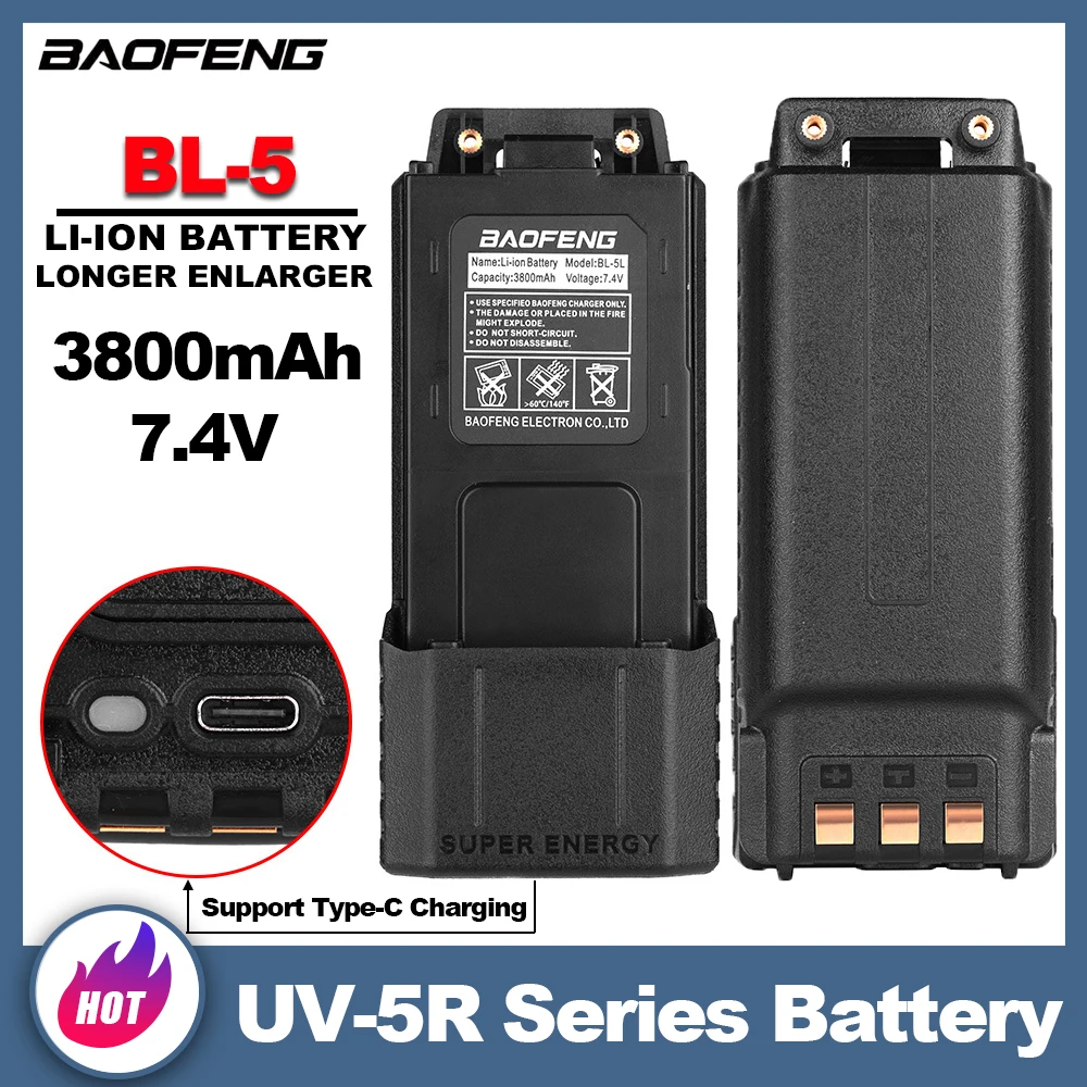 

BAOFENG UV-5R Walkie Talkie Longer Battery BL-5 3800mAh Type-C Charging For UV-5RA UV-5RE UV-5RT BF-F8HP BF-F8+ Two Way Radios