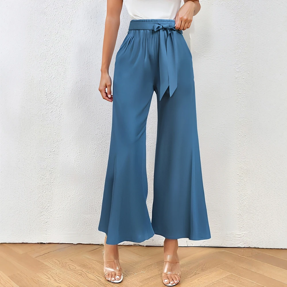 Mia Muse Women's Pants All Season Simple Plain Bowknot Natural Waist Ankle Wide Leg Casual Pants