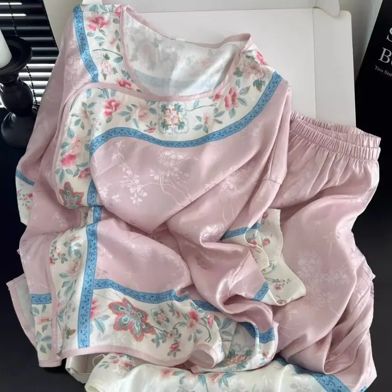 Imperial Han-style Princess Sleepwear  Spring/Autumn Retro Hanfu Print Three-quarter Sleeve Pants Loose Fit Loungewear Tangsuit
