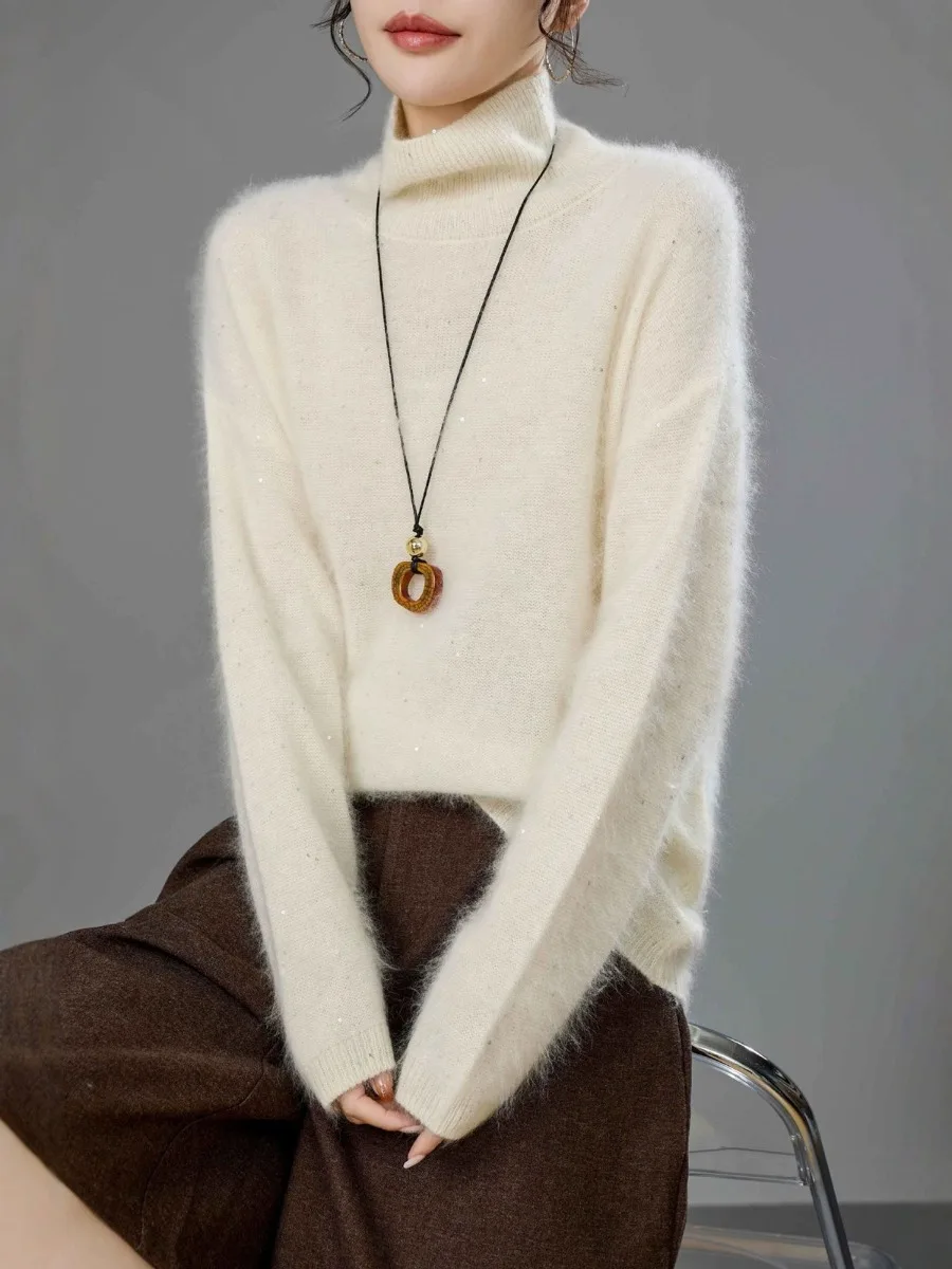 Bornladies Winter New Women's Sweater High-end Gentle Temperament Warm High Neck Loose Sequin Fashionable Knitted Base Sweater