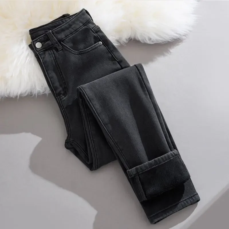 الجينز للمرأة Y2k السراويل شتاء 2025 سميكة الصوف الرجعية الأزرق سليم صالح تمتد مدبب قلم رصاص سراويل جينز موضة عادية
